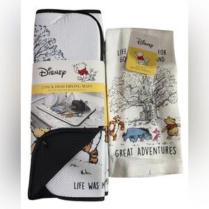 Disney Winnie The Pooh Bundle 2 Pack Drying Mat Plus 2 Pack Kitchen Towels